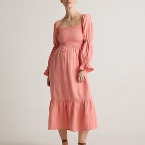 Quince Coral Midi Dress with Smocked Bodice